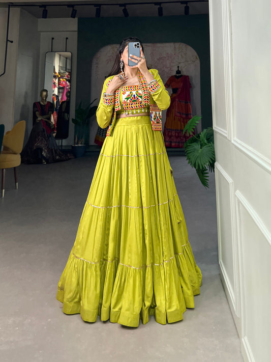 Parrot Pure Rayon Plain And Gamthi With Kodi Work Navaratri Lehenga Choli