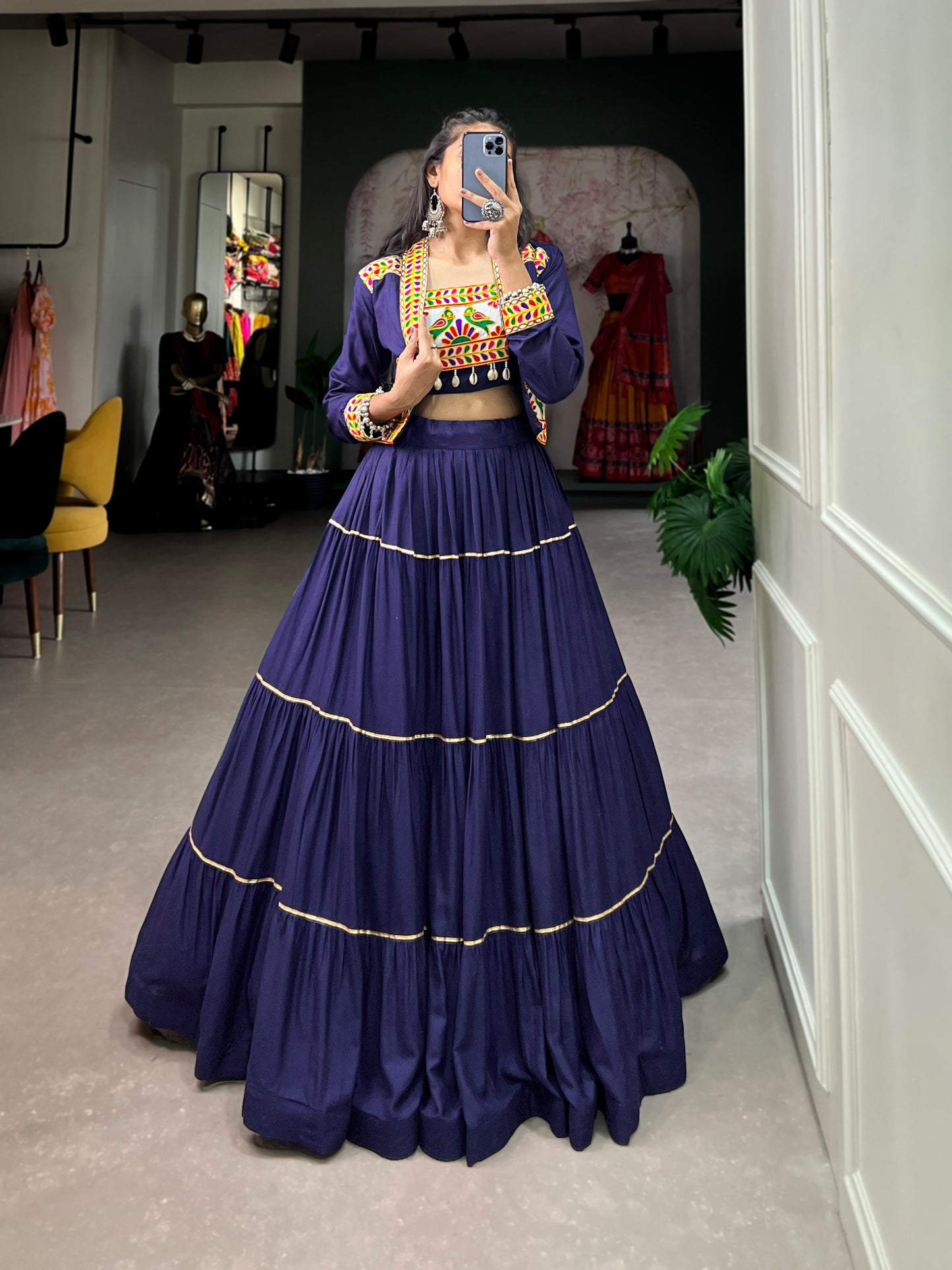 Navy Blue Pure Rayon Plain And Gamthi With Kodi Work Navaratri Lehenga Choli