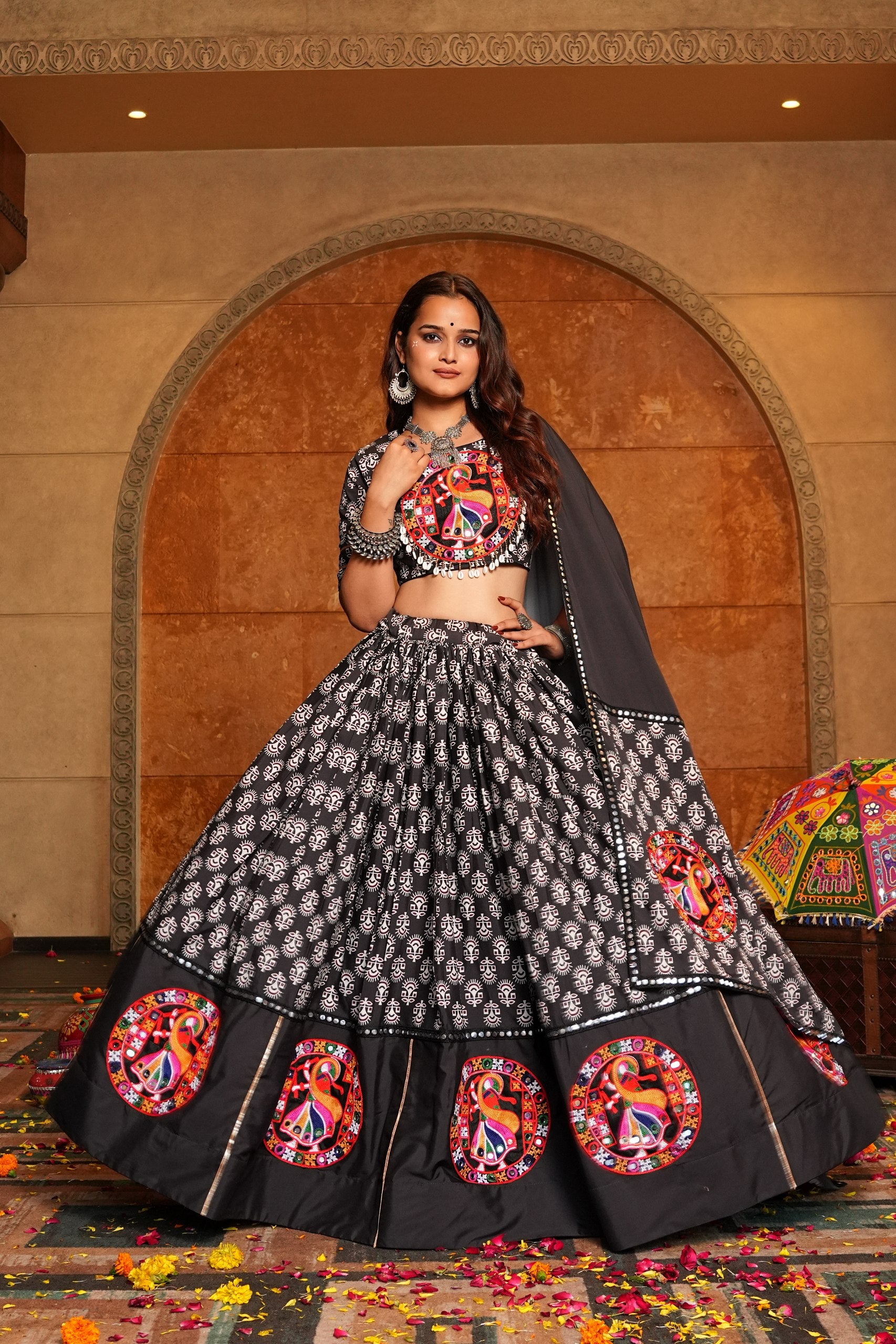 Black and Grey Crepe Navratri Lehenga Choli featuring peacock embroidery, printed work, and mirror work by The Beauty Queen