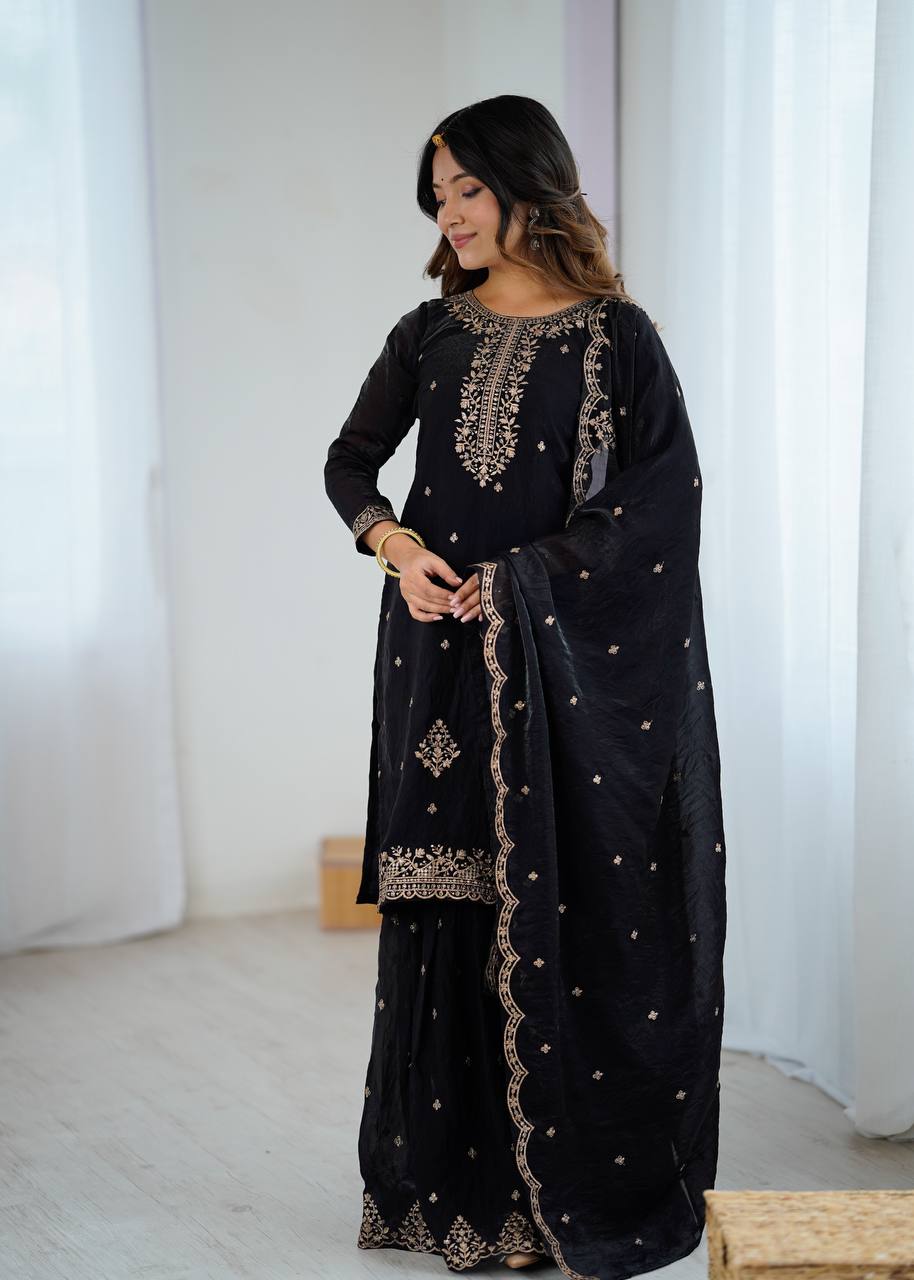Black Georgette Lukhnowi Sequence Work Anarkali Salwar Sharara Suit