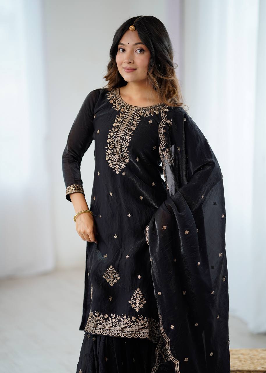 Black Georgette Lukhnowi Sequence Work Anarkali Salwar Sharara Suit
