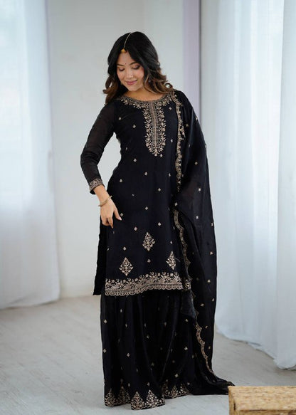 Black Georgette Lukhnowi Sequence Work Anarkali Salwar Sharara Suit