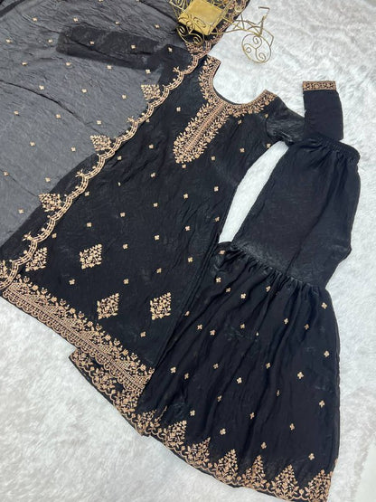 Black Georgette Lukhnowi Sequence Work Anarkali Salwar Sharara Suit