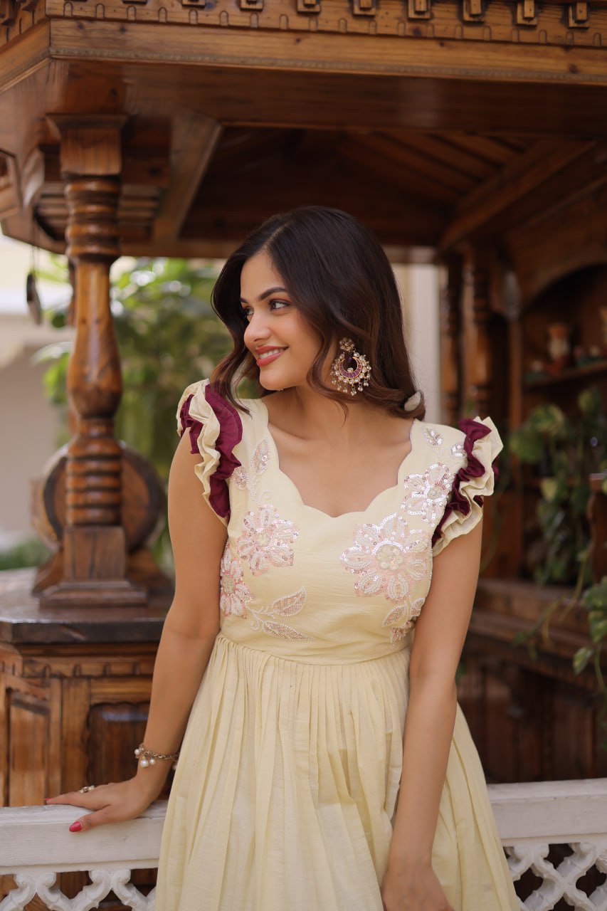 Cream Cotton With Sequins Multithreaded Beads Embroidered Work Gown