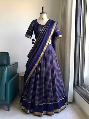 Navy blue half saree lehenga viscose georgette zari checks
