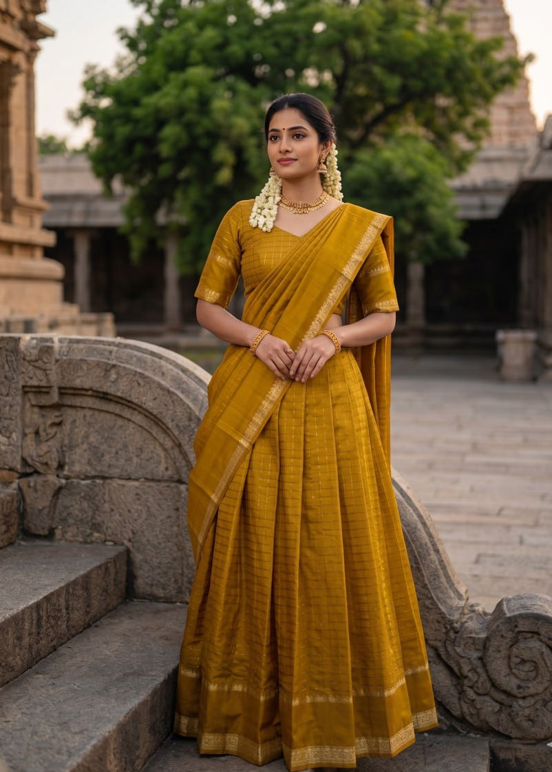 Mustard yellow half saree lehenga viscose georgette zari checks
