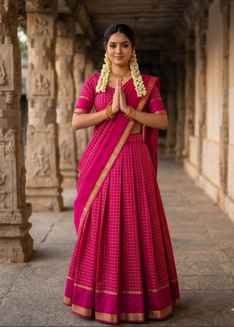 Rani pink half saree lehenga viscose georgette zari checks
