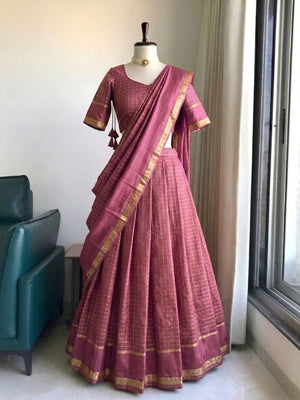 Tonal dusty rose half saree with zari checks weaving
