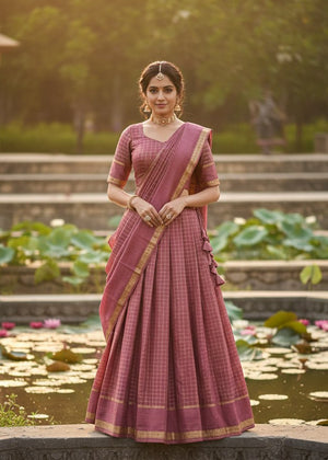 Dusty rose half saree lehenga viscose georgette zari checks
