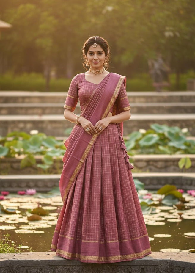 Dusty rose half saree lehenga viscose georgette zari checks

