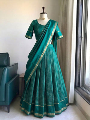 Tonal teal half saree with zari checks weaving
