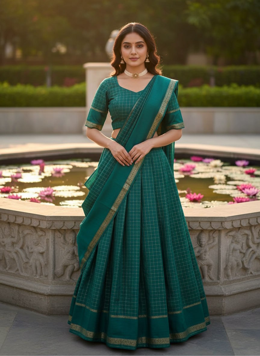 Peacock green lehenga saree with gold zari woven border
