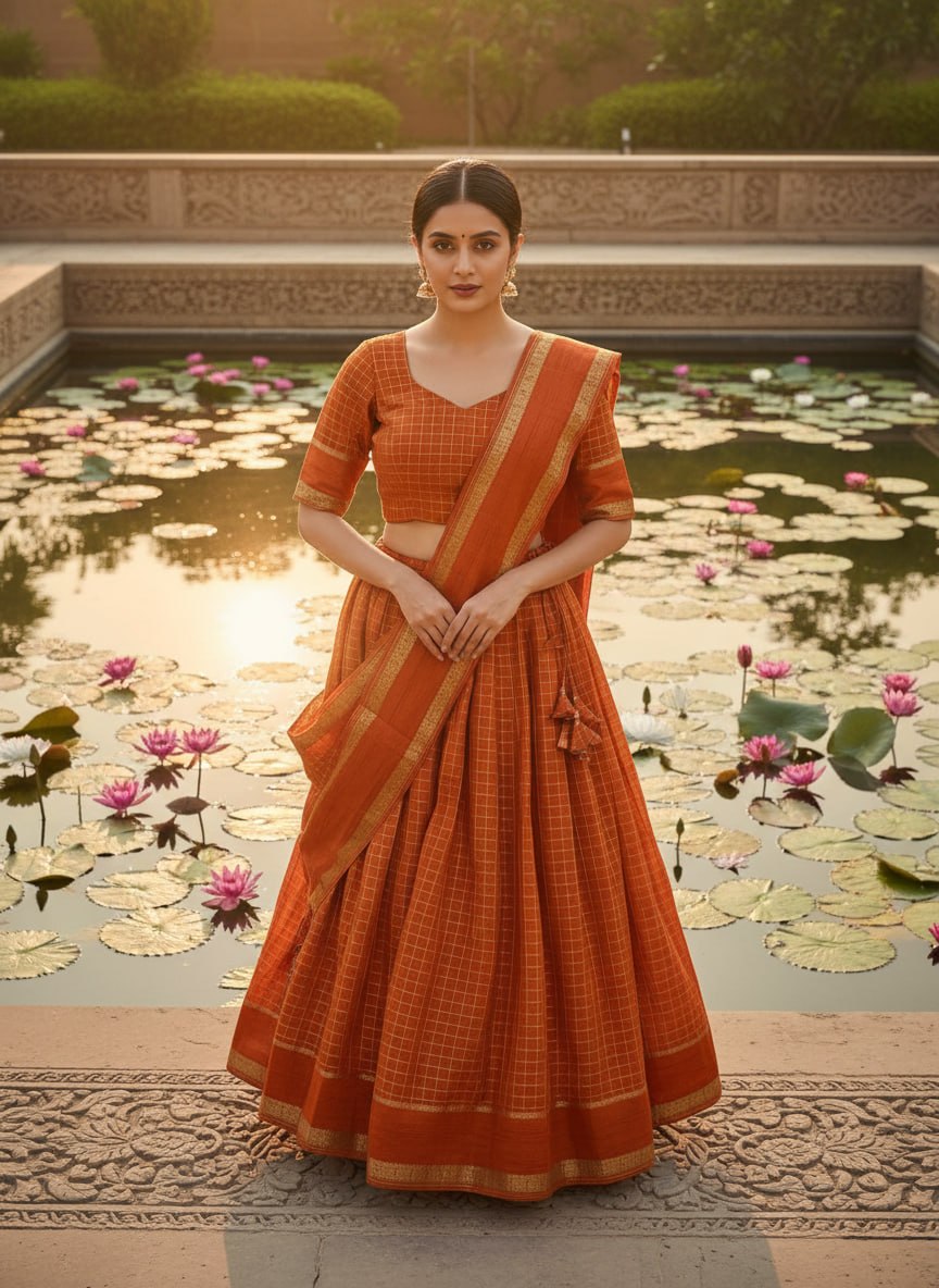 Rust orange half saree lehenga viscose georgette zari checks
