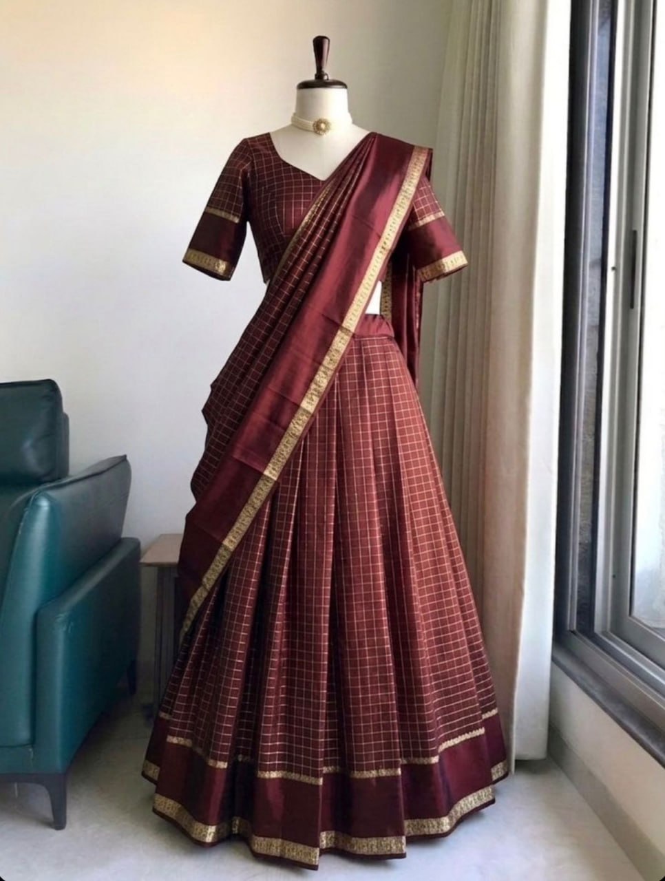 Tonal wine half saree with zari checks weaving lotus pond
