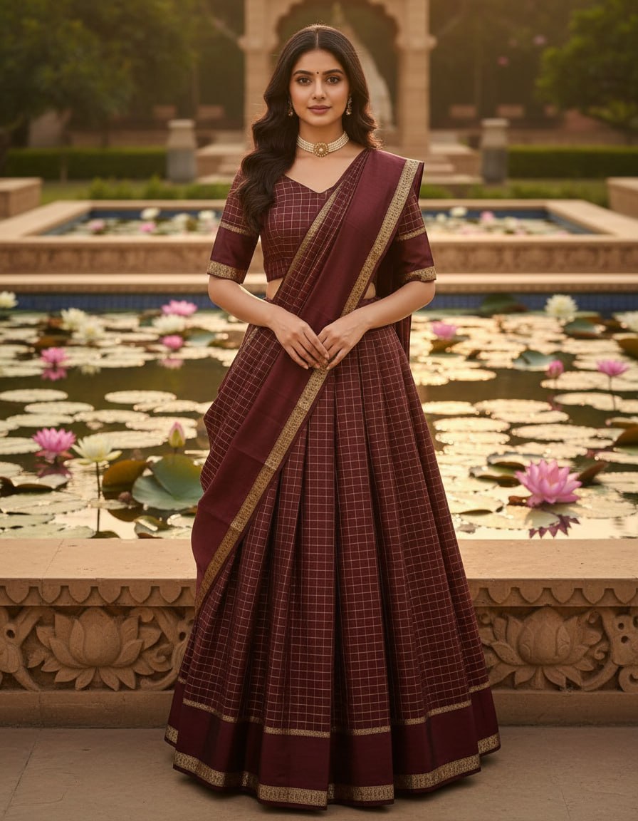 Wine half saree lehenga viscose georgette zari checks
