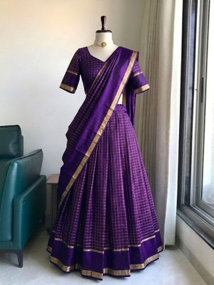 Tonal purple half saree with zari checks weaving lotus pond
