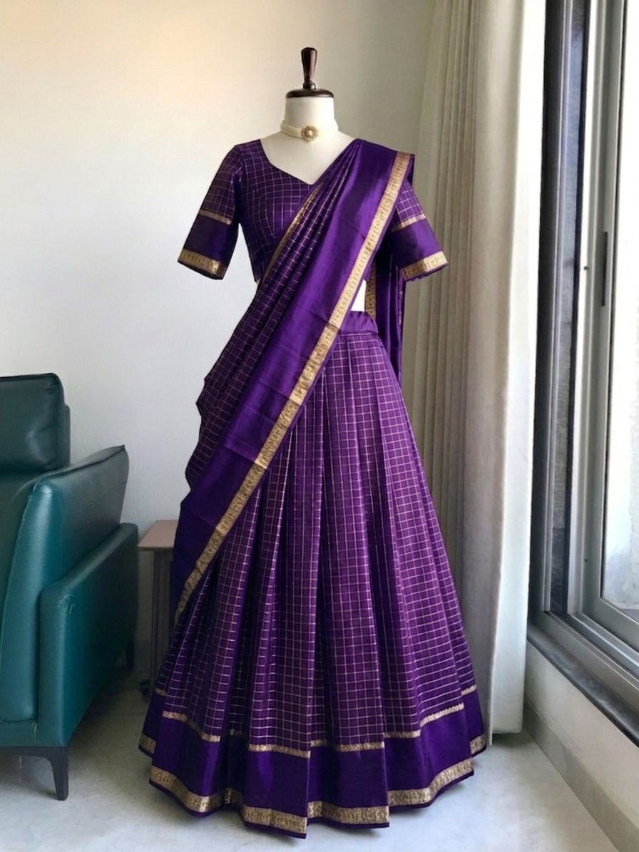 Tonal purple half saree with zari checks weaving lotus pond
