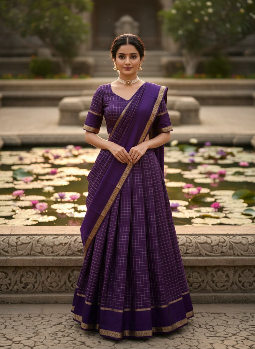 Royal purple half saree lehenga viscose georgette zari checks
