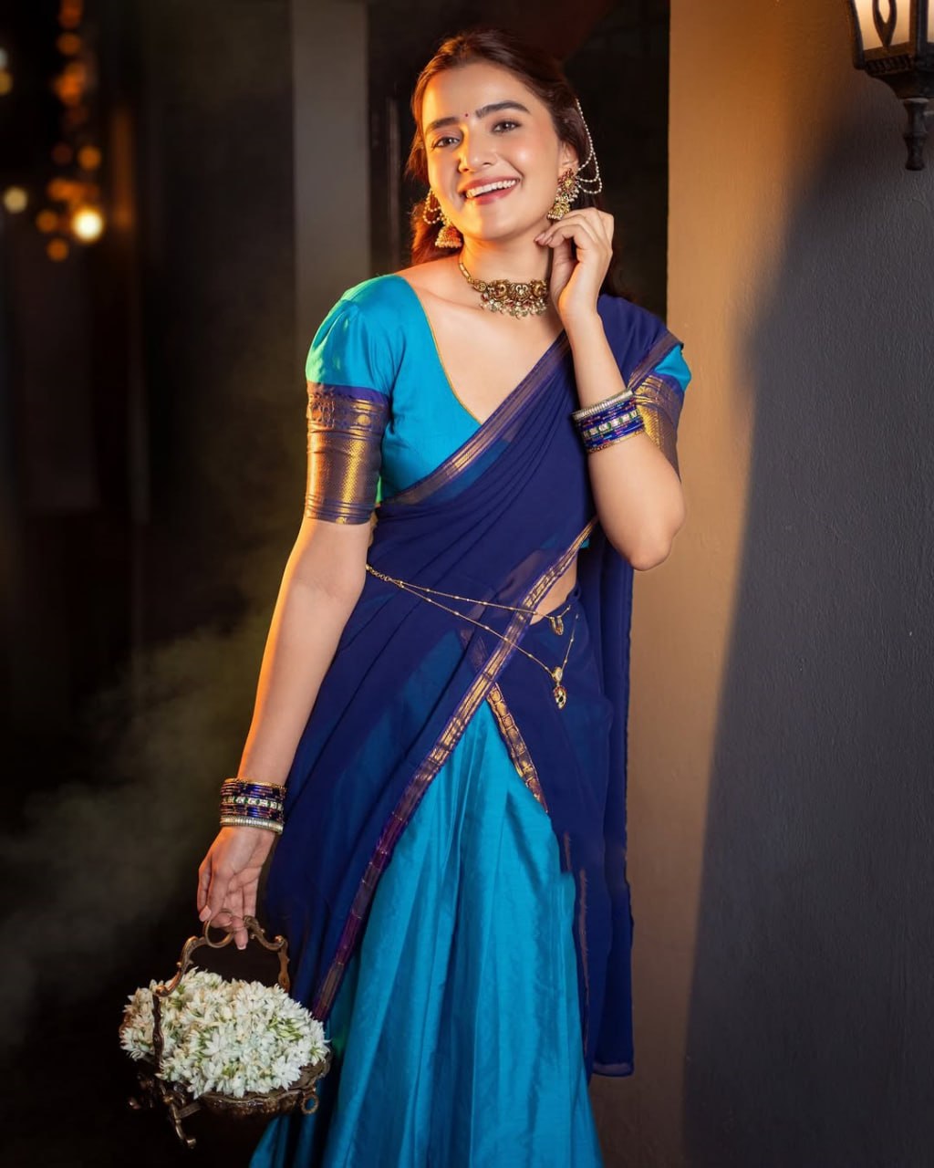 Traditional langa voni turquoise navy South Indian style
