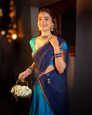 South Indian half saree turquoise navy blue contrast pallu
