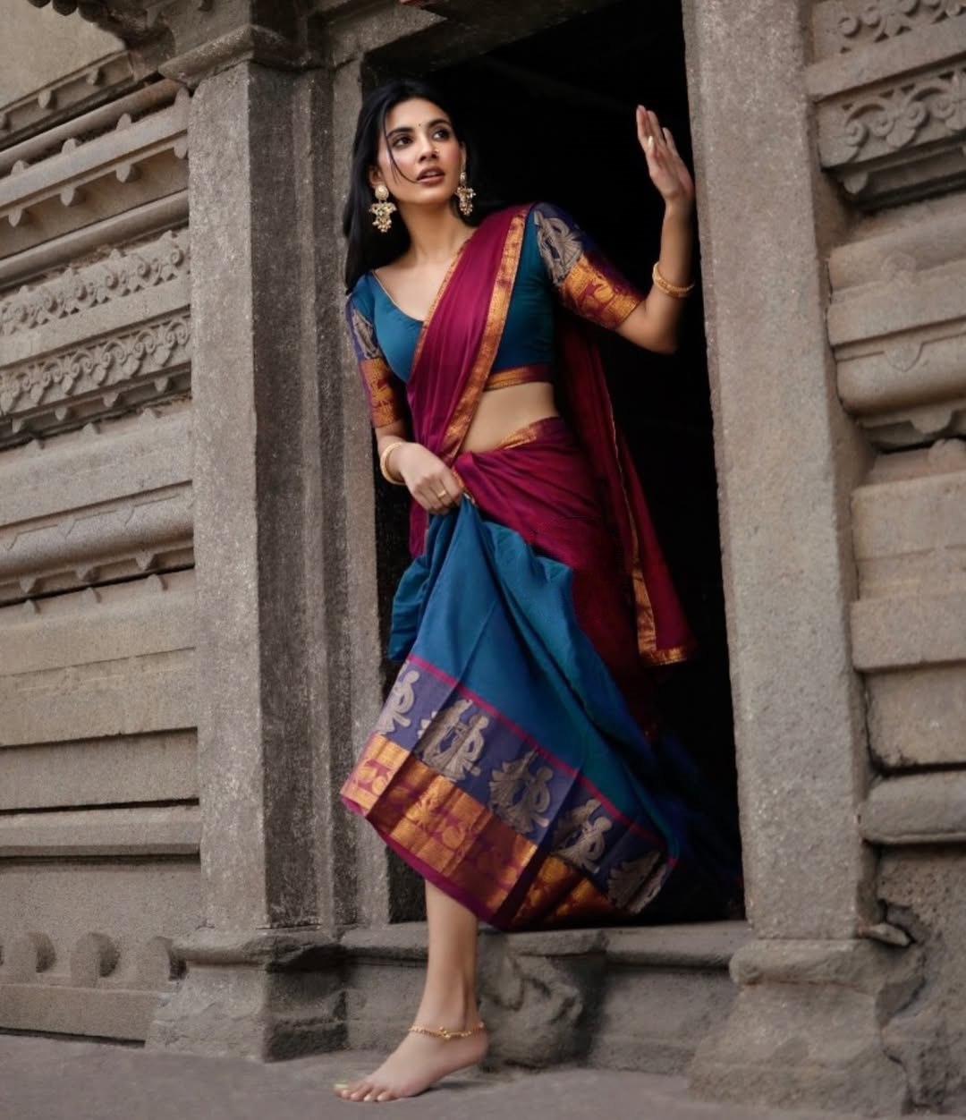 Teal blue and wine half saree lehenga Kanchi cotton zari weaving
