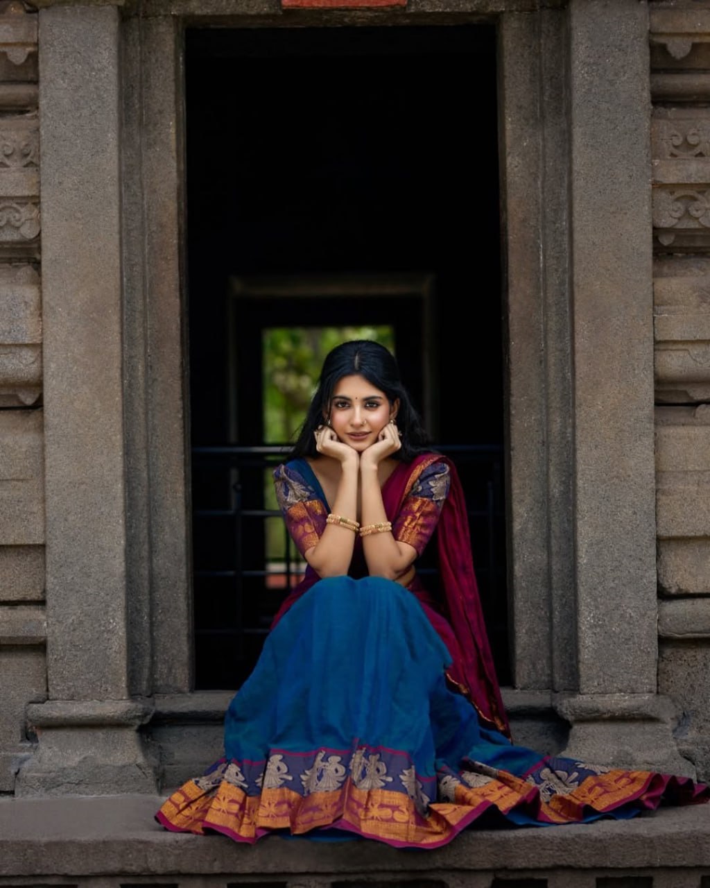 South Indian half saree teal blue wine contrast pallu

