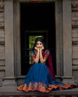 South Indian half saree teal blue wine contrast pallu

