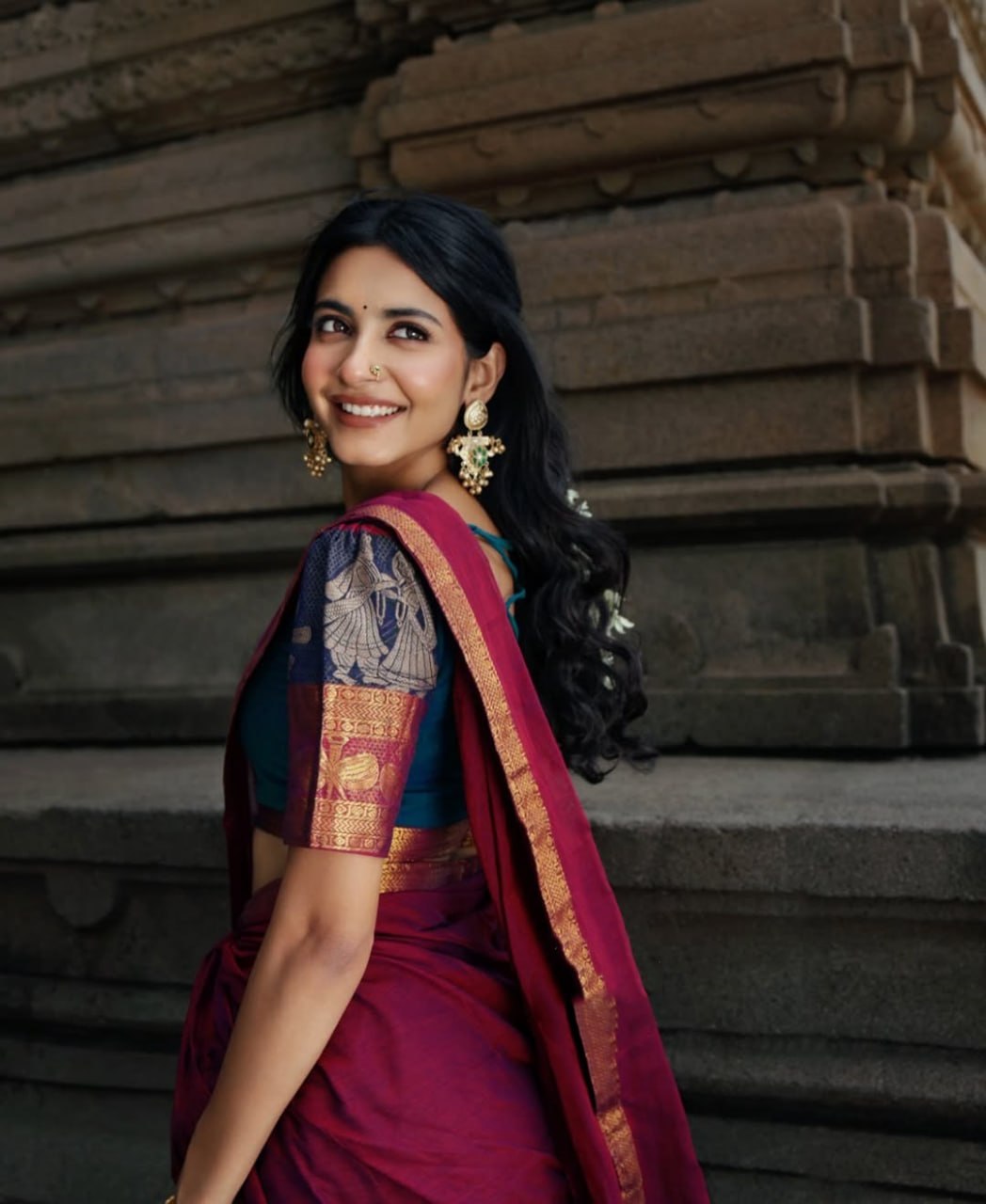 Traditional langa voni teal wine South Indian temple style
