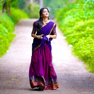 Magenta and blue half saree lehenga Kanchi cotton zari weaving
