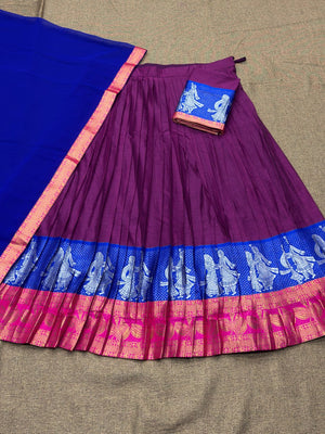 South Indian half saree magenta blue contrast pallu
