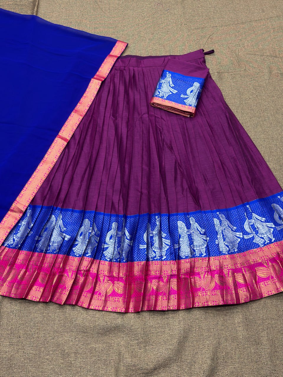 South Indian half saree magenta blue contrast pallu
