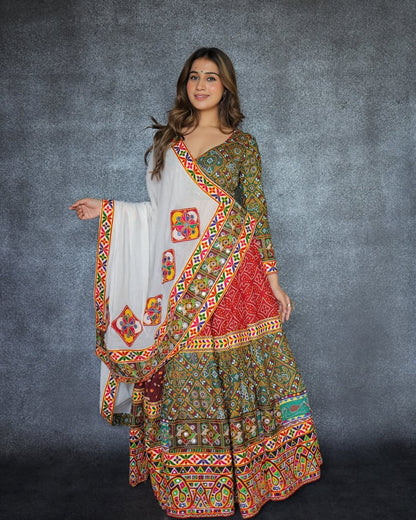 Green Multicolor Fancy Digital Print Real Mirror Work Navaratri Lehenga Choli