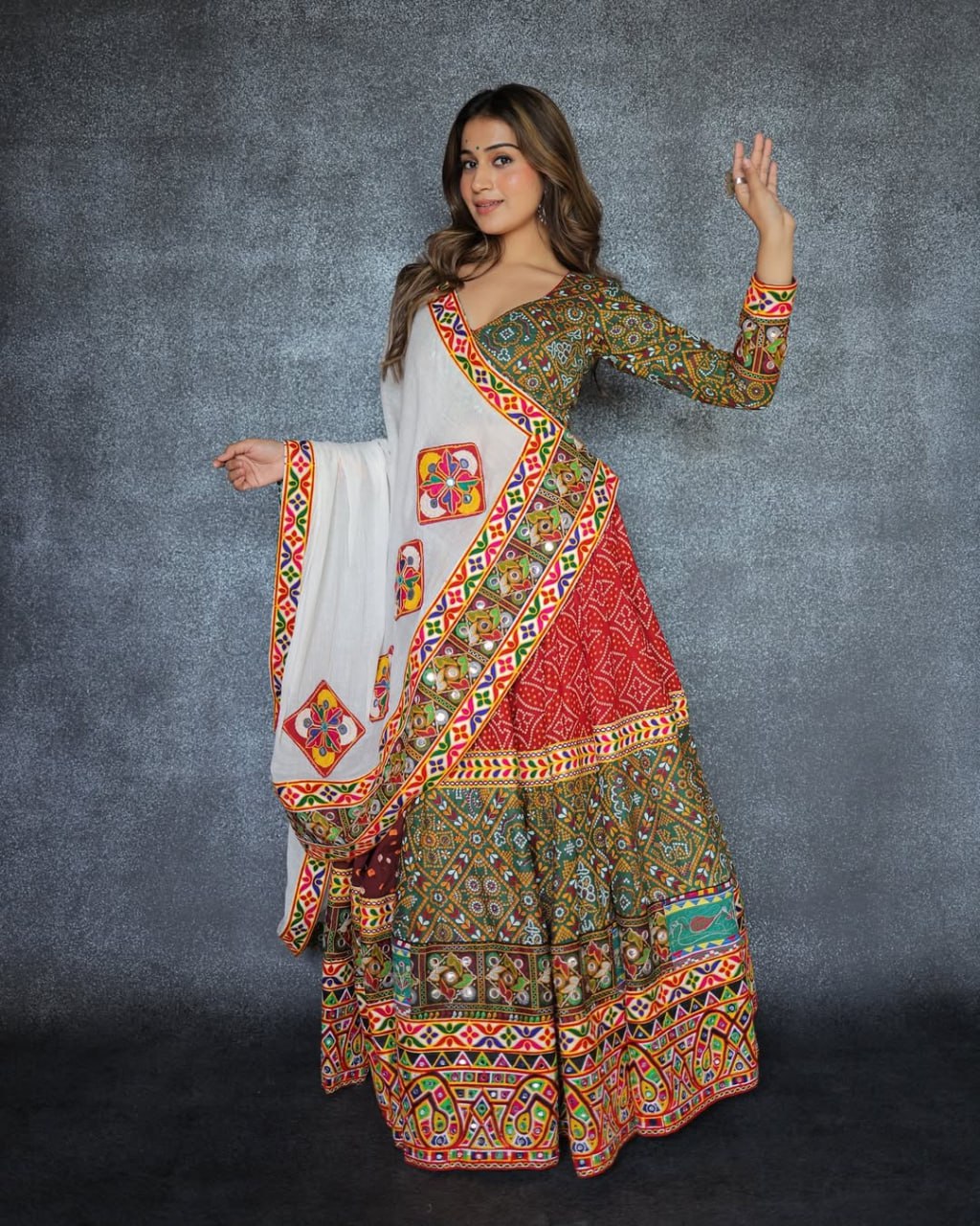 Green Multicolor Fancy Digital Print Real Mirror Work Navaratri Lehenga Choli