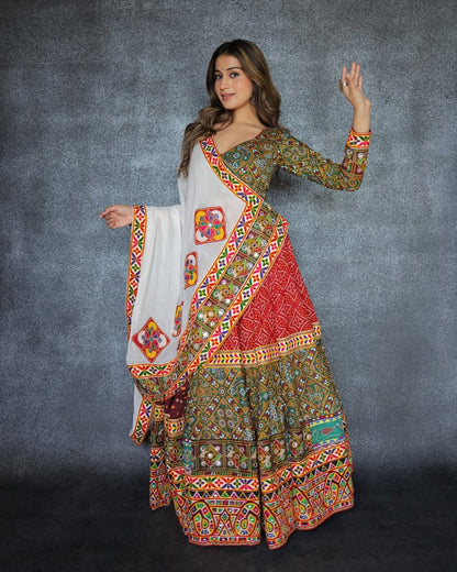 Green Multicolor Fancy Digital Print Real Mirror Work Navaratri Lehenga Choli