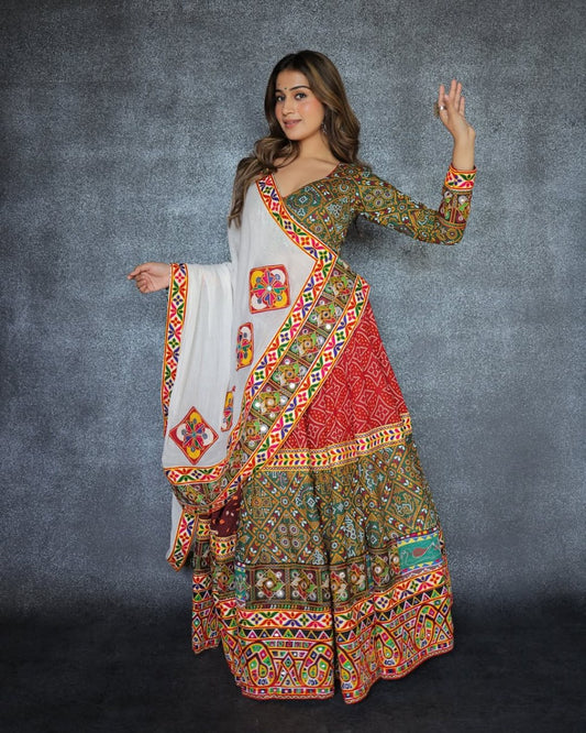 Green Multicolor Fancy Digital Print Real Mirror Work Navaratri Lehenga Choli