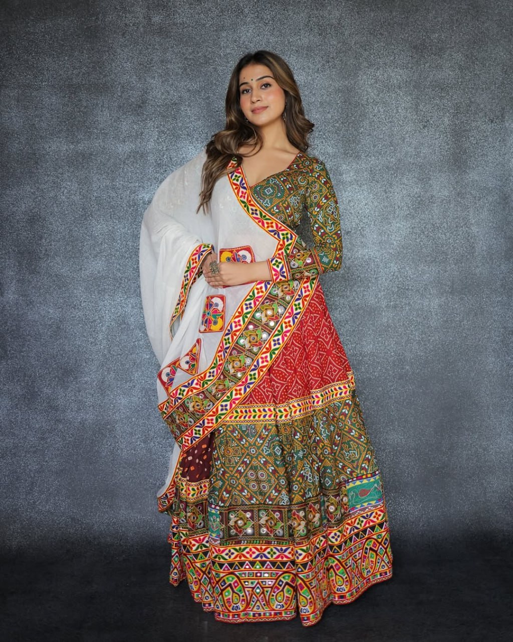 Green Multicolor Fancy Digital Print Real Mirror Work Navaratri Lehenga Choli