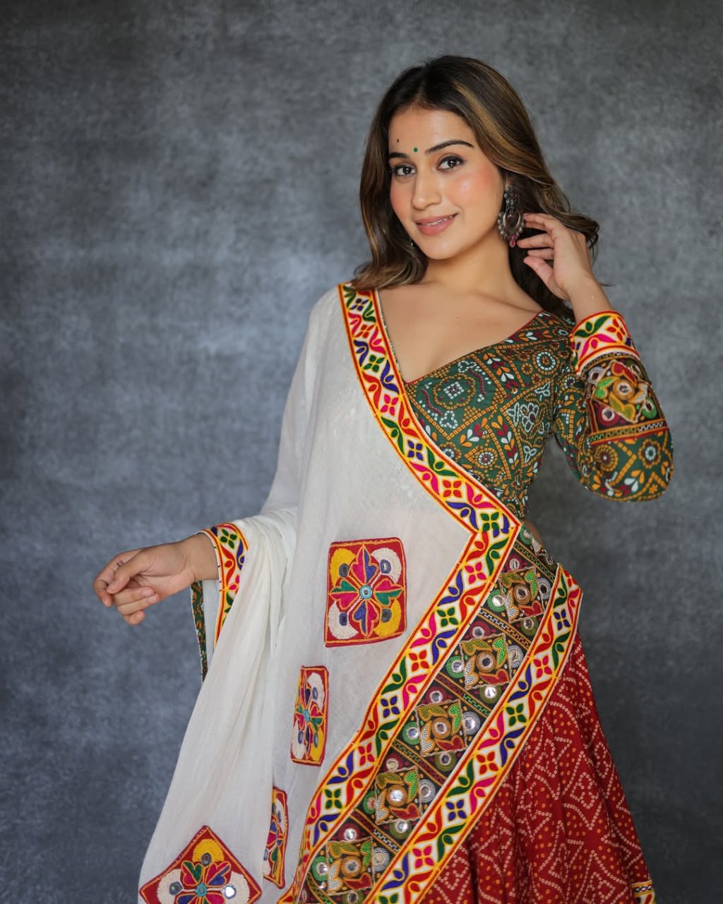 Green Multicolor Fancy Digital Print Real Mirror Work Navaratri Lehenga Choli