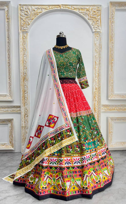 Green Multicolor Fancy Digital Print Real Mirror Work Navaratri Lehenga Choli