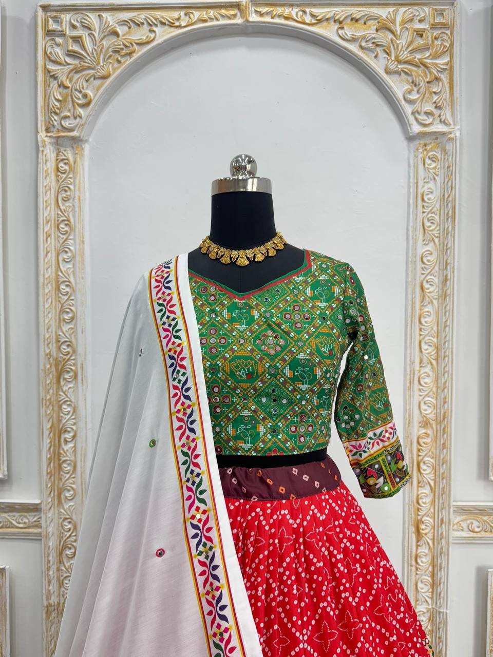 Green Multicolor Fancy Digital Print Real Mirror Work Navaratri Lehenga Choli