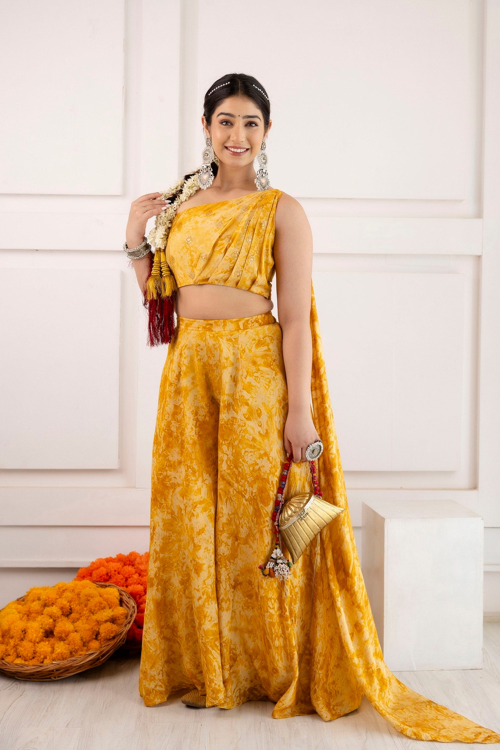Yellow Tie Viscose Indo-Western Set featuring a one-shoulder choli with embroidery, sequence work, and marble print by The Beauty Queen