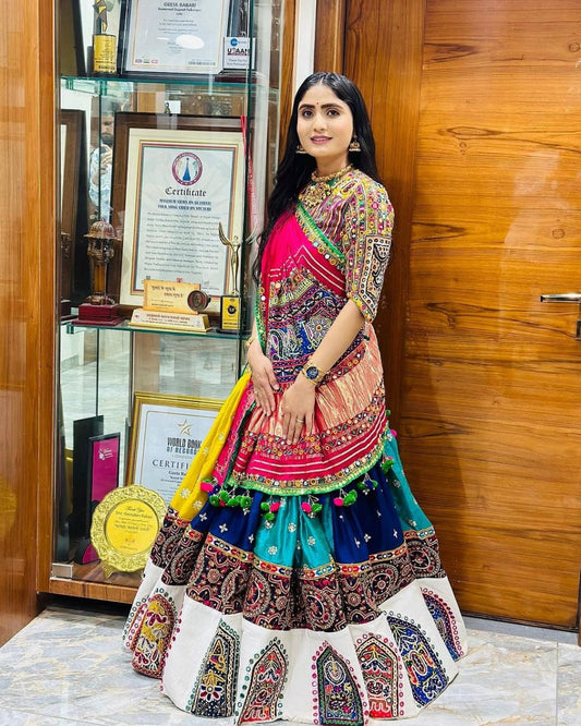 Multicolor Fancy Digital Print Real Mirror Work Navaratri Lehenga Choli