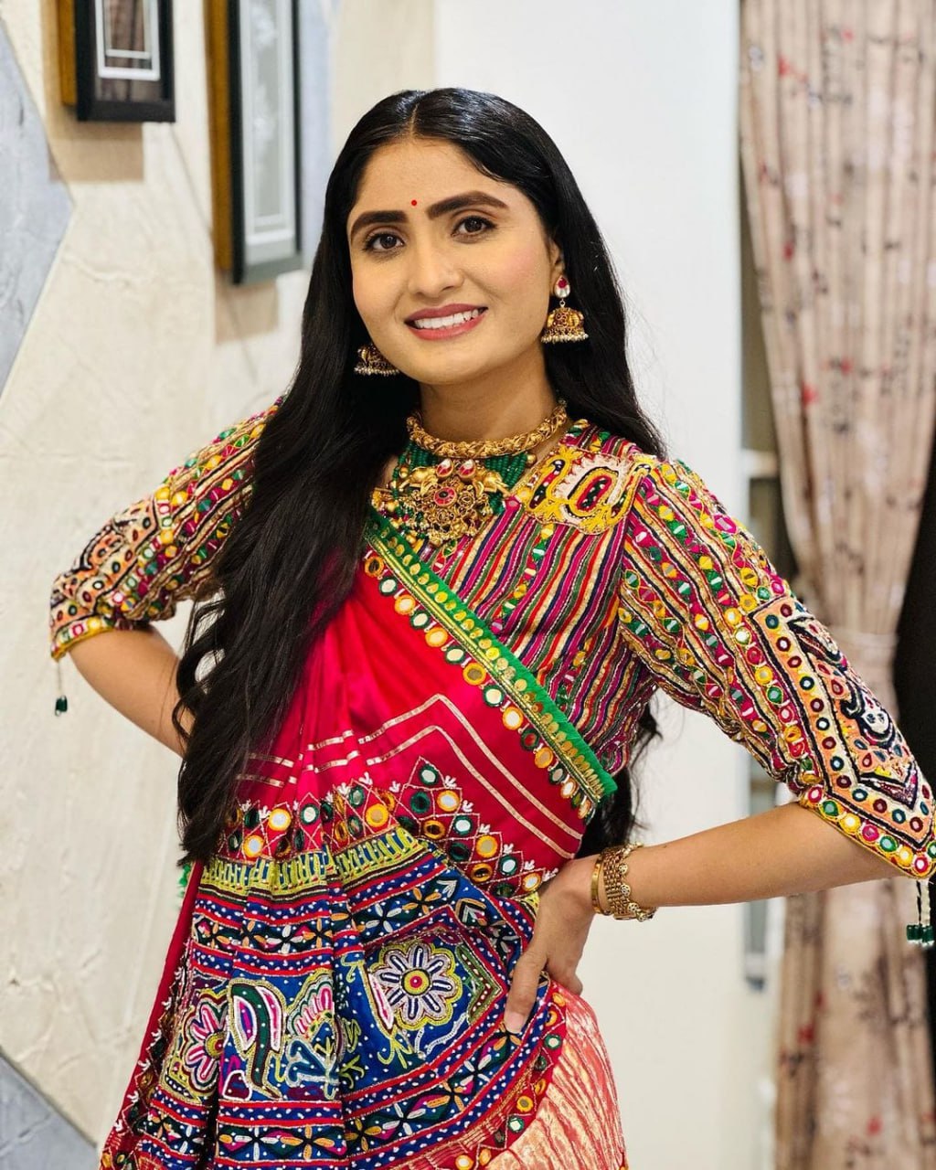 Multicolor Fancy Digital Print Real Mirror Work Navaratri Lehenga Choli