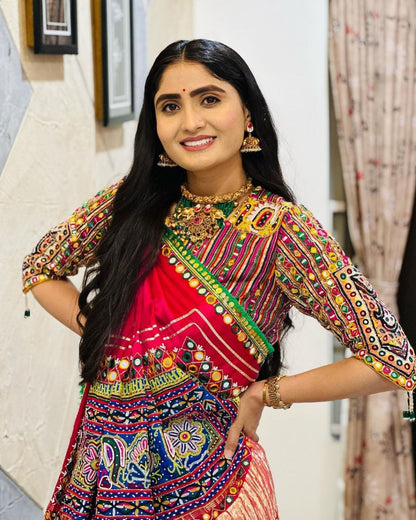 Multicolor Fancy Digital Print Real Mirror Work Navaratri Lehenga Choli