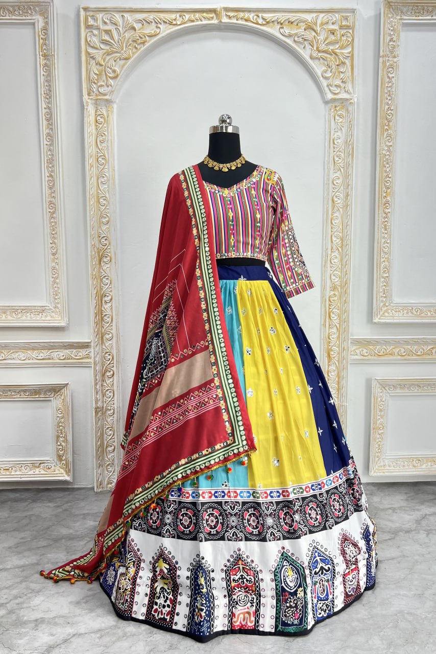 Multicolor Fancy Digital Print Real Mirror Work Navaratri Lehenga Choli