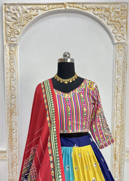 Multicolor Fancy Digital Print Real Mirror Work Navaratri Lehenga Choli