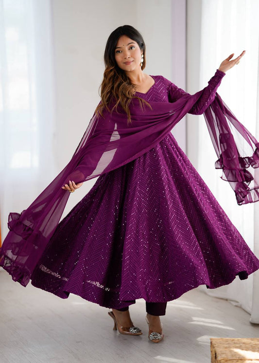 Wine Georgette Lukhnowi Sequence Work Anarkali Salwar Suit