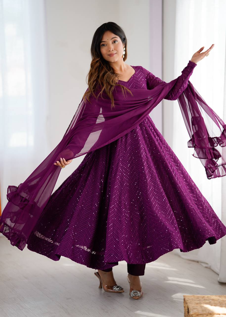 Wine Georgette Lukhnowi Sequence Work Anarkali Salwar Suit