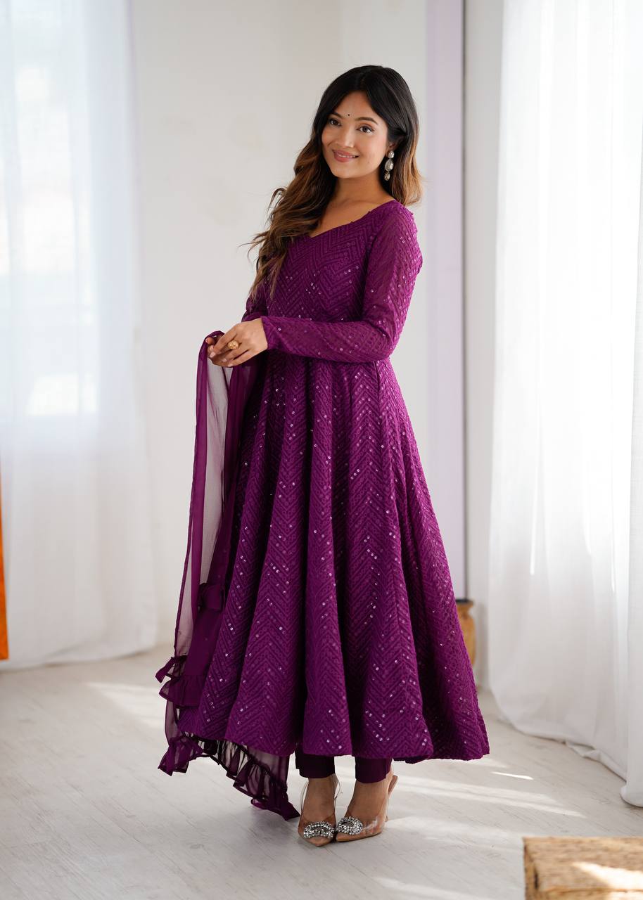 Wine Georgette Lukhnowi Sequence Work Anarkali Salwar Suit