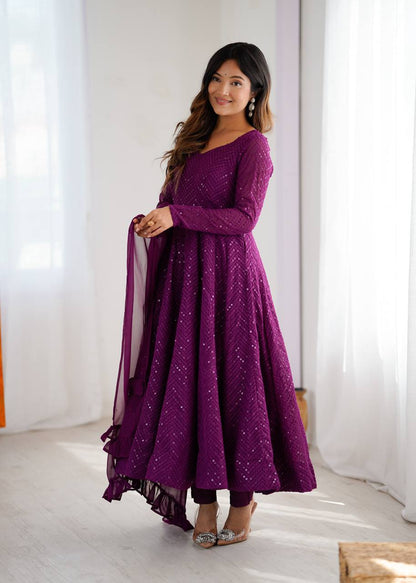 Wine Georgette Lukhnowi Sequence Work Anarkali Salwar Suit