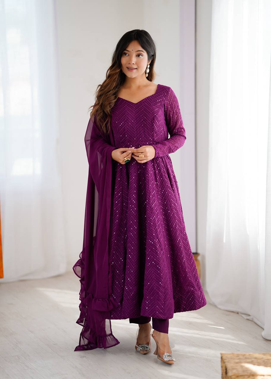 Wine Georgette Lukhnowi Sequence Work Anarkali Salwar Suit